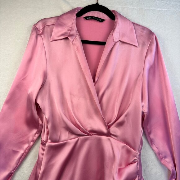 Zara Pink Satin Wrap Mini Dress Sz S Long Sleeves Collared V-Neckline Feminine - Picture 7 of 14